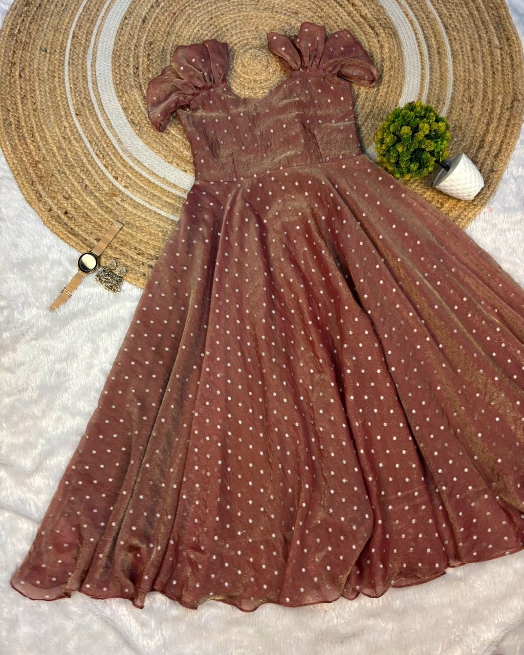 Launching New Designer princess party wear Tissue butti  midi gown