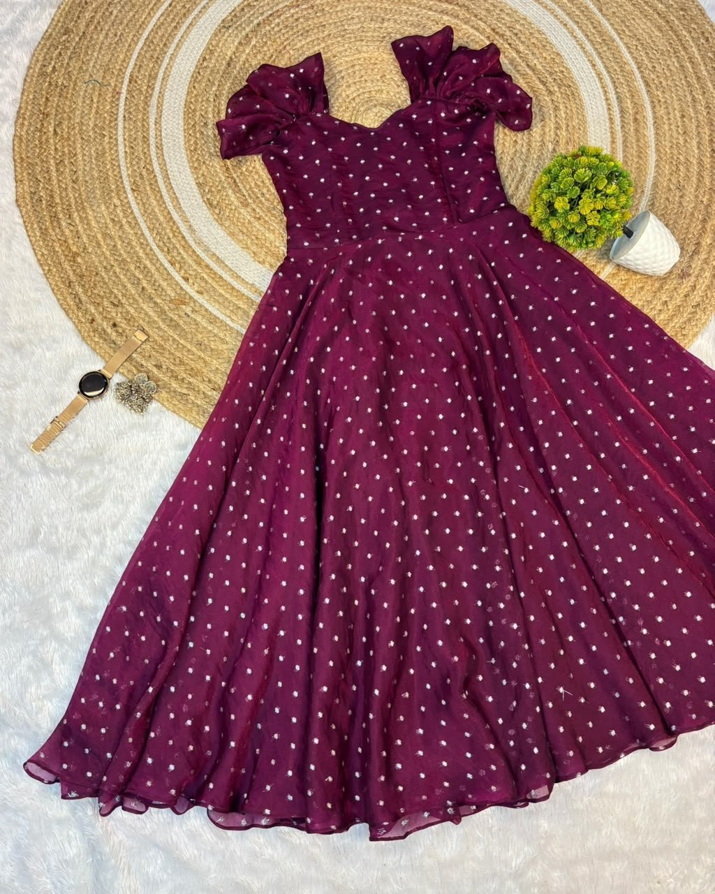 Launching New Designer princess party wear Tissue butti  midi gown