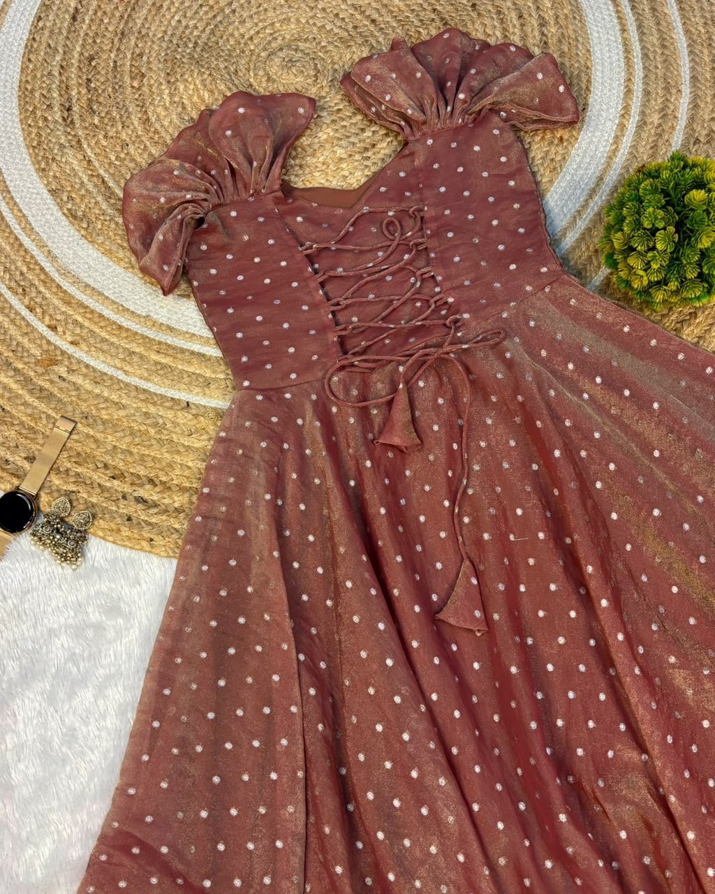 Launching New Designer princess party wear Tissue butti  midi gown